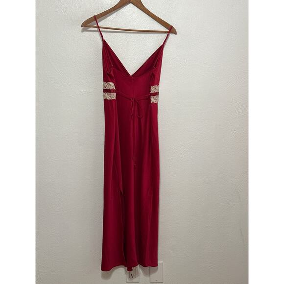 VTG 90s Satin Slip Dress California Dynasty L Burgundy Babydoll Lace Bow - Picture 4 of 12